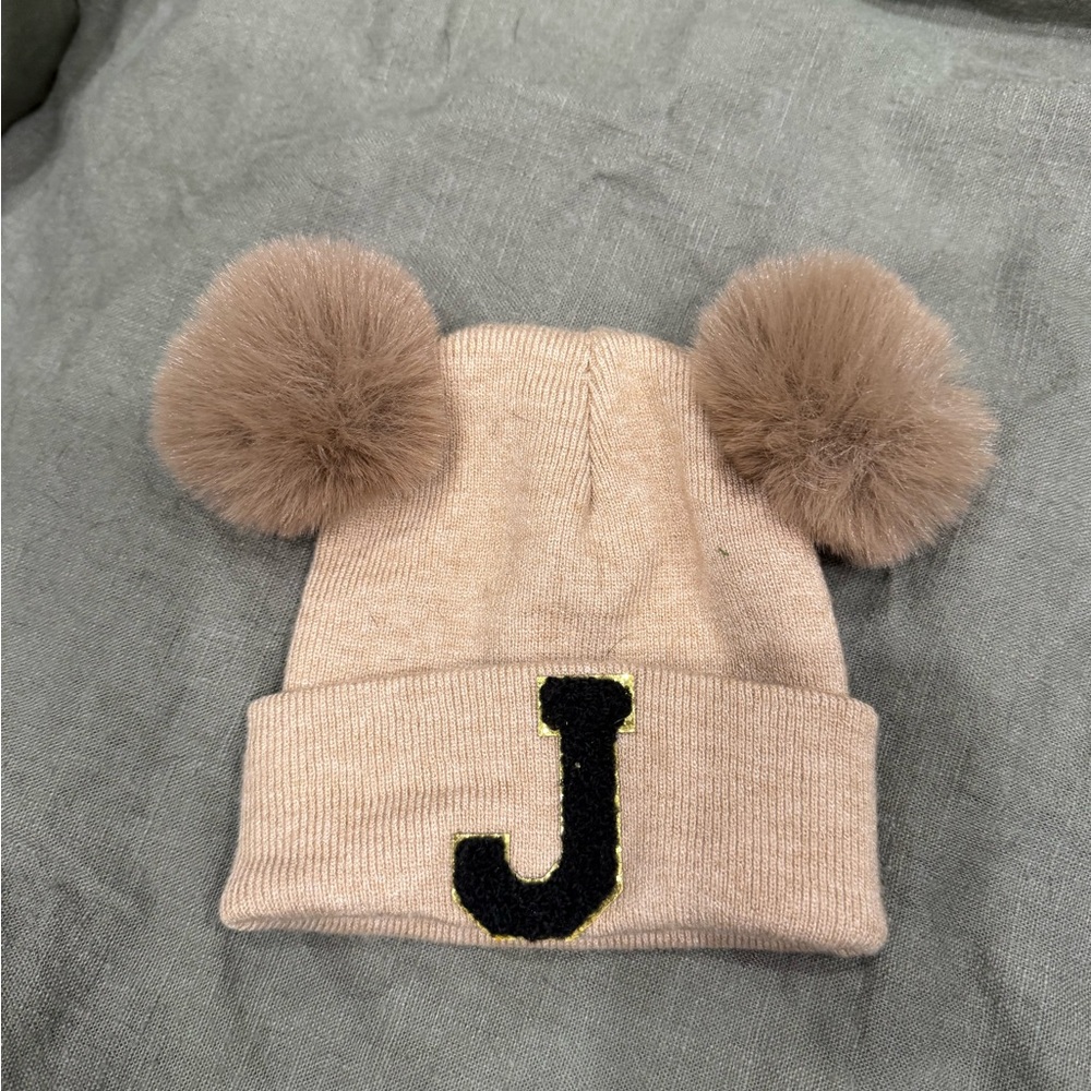 Baby Tan Double Pom Pom Knit Hat with 'J' Initial